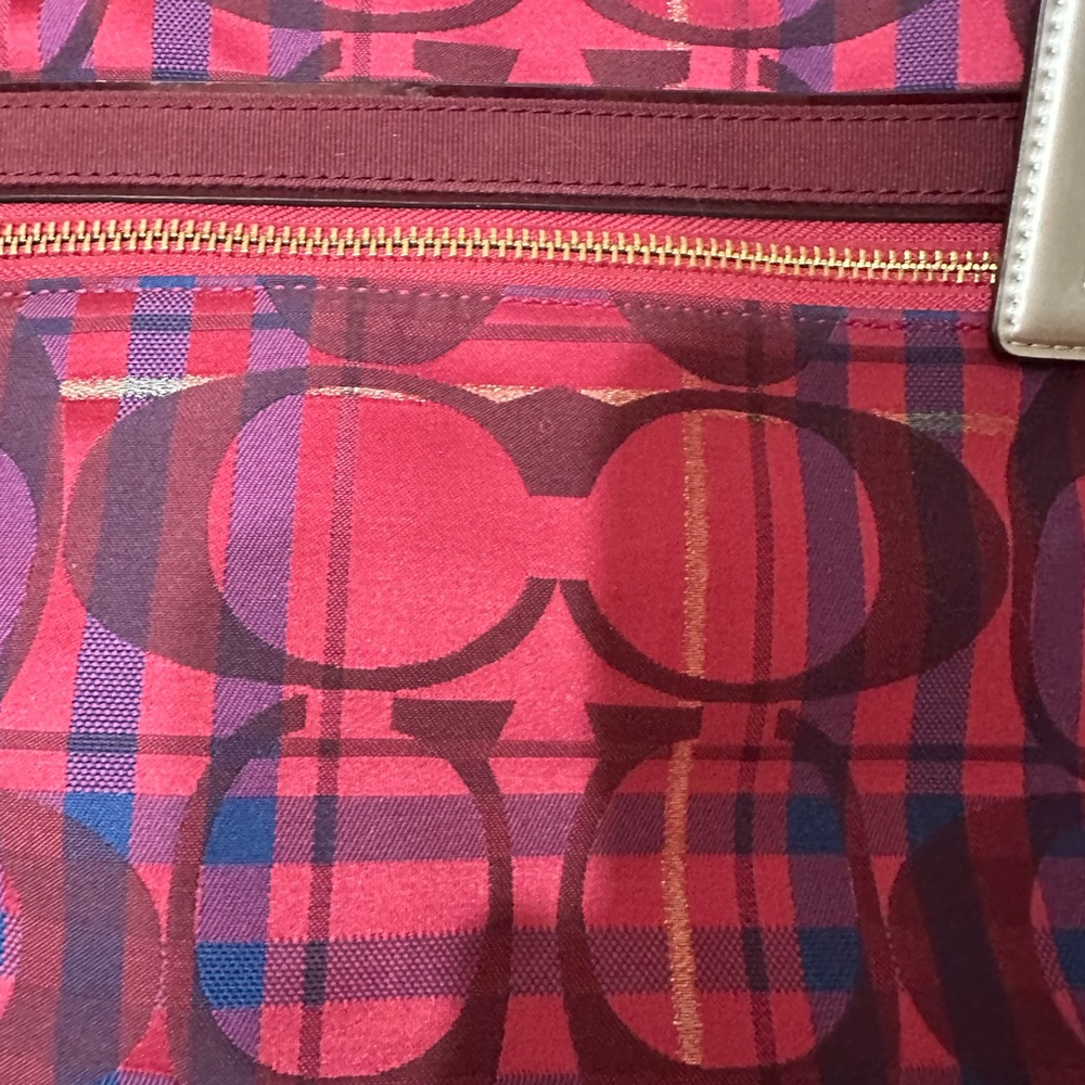 Coach Poppy Plaid Signature Glam Tote Satchel Pink Red Patent Trim EUC - Picture 3 of 11